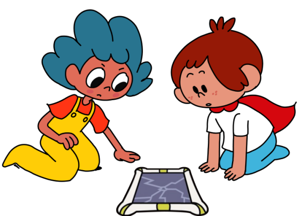 Nena y Ciro de rodillas observando una tablet.